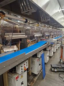 Conveyor belt system used in industrial processing and manufacturing facilities.