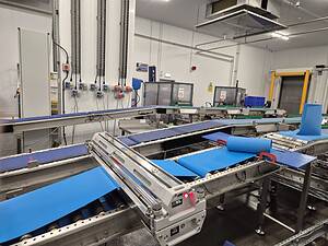 Conveyor belt system with blue belts in a manufacturing facility.